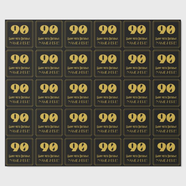 90th Birthday – Art Deco Inspired Look "90" & Name Wrapping Paper (Seam)