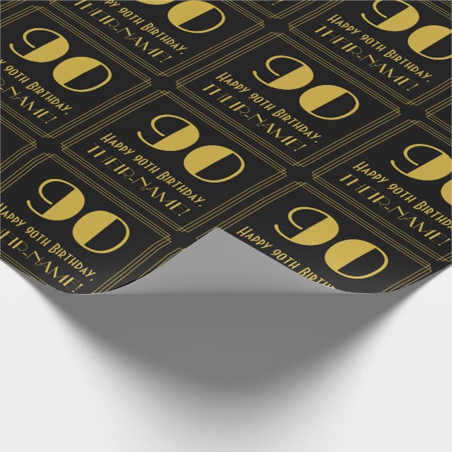 90th Birthday ~ Art Deco Inspired Look "90", Name Wrapping Paper (Corner)