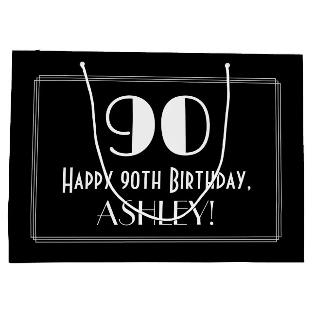 90th Birthday: Art Deco Inspired Style "90", Name Large Gift Bag (Back)