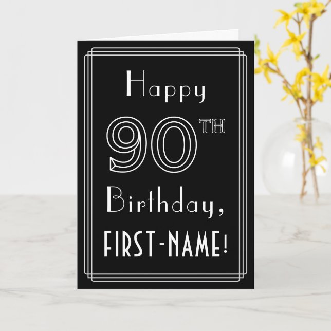 90th Birthday: Art Deco Style # 90 & Custom Name Card (Yellow Flower)