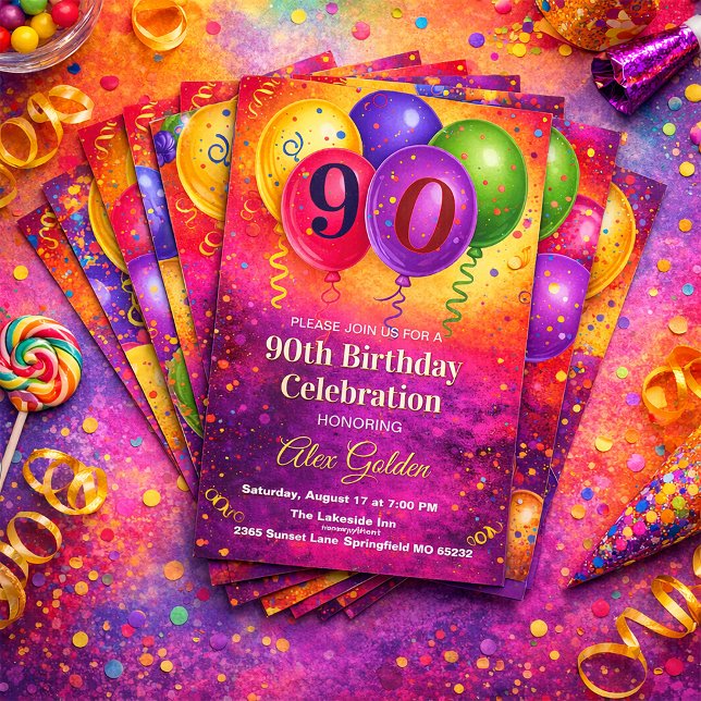 90th Birthday Balloon Confetti Party Invitation (Creator Uploaded)