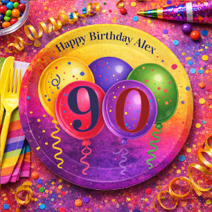 90th Birthday Balloon Confetti Party Paper Plates