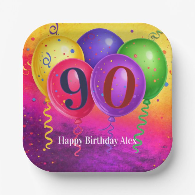 90th Birthday Balloon Confetti Party Paper Plates (Front)