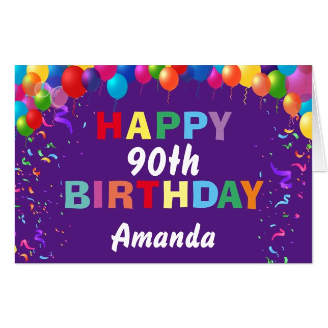 90th Birthday Balloons Purple Extra Large Jumbo Card (Front Horizontal)