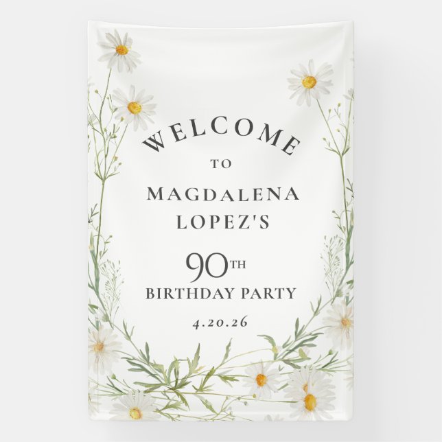 90th Birthday Banner April Birth Flower Daisy (Vertical)