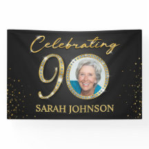 90th Birthday Banner, Black Gold Custom Photo 