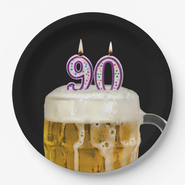 90th Birthday Beer on black Paper Plate (Front)