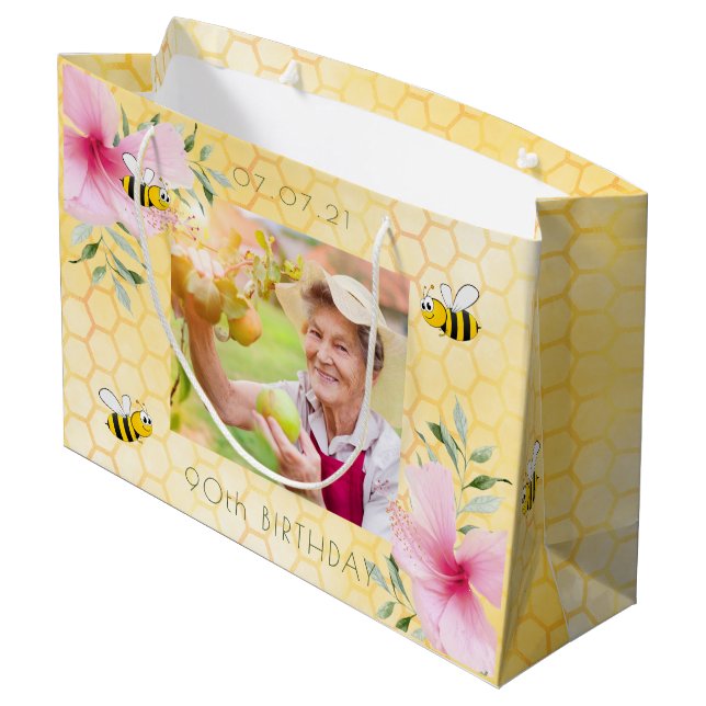 90th birthday bees honeycomb pink flowers large gift bag (Back Angled)