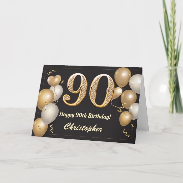 90th Birthday Black and Gold Balloons Birthday Card (Front)