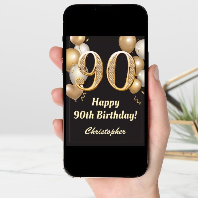 90th Birthday Black and Gold Balloons Confetti Card (Front Digital)
