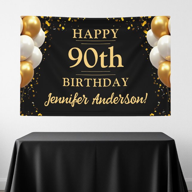 90th Birthday Black and Gold Celebration Banner (Creator Uploaded)