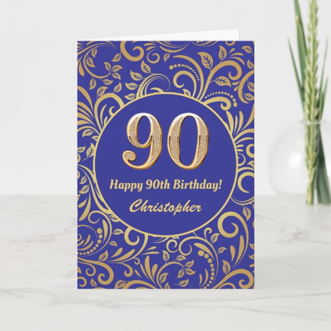 90th Birthday Black and Gold Floral Pattern Card (Front)