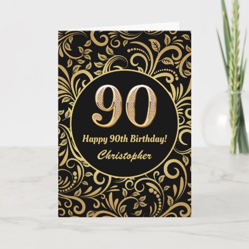 90th Birthday Black and Gold Floral Pattern