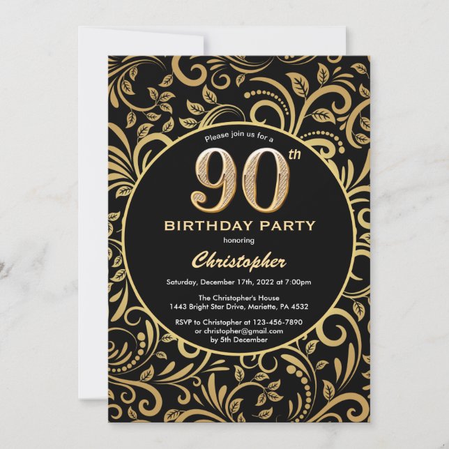90th Birthday Black and Gold Floral Pattern Invitation (Front)
