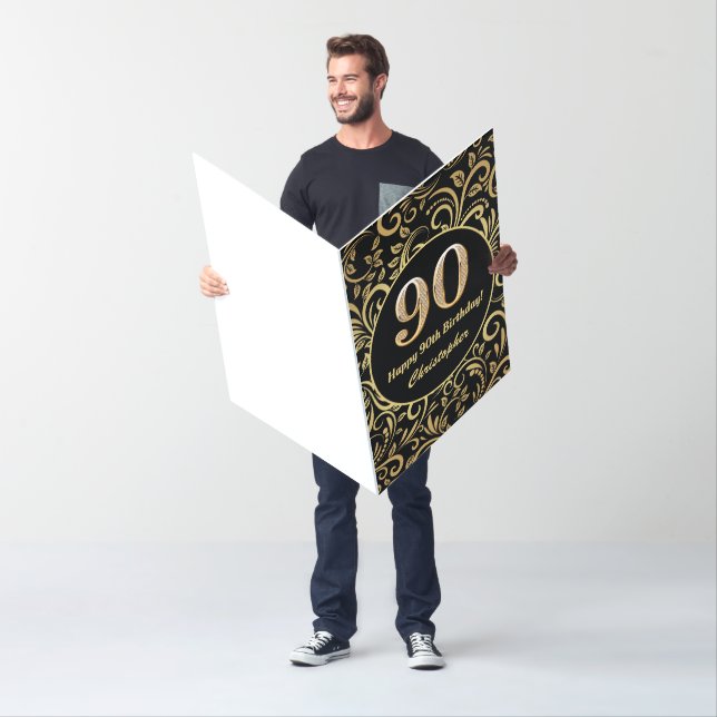 90th Birthday Black and Gold Floral Pattern Large Card (In Situ)