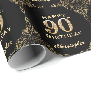90th Birthday Black and Gold Glitter Frame Wrapping Paper