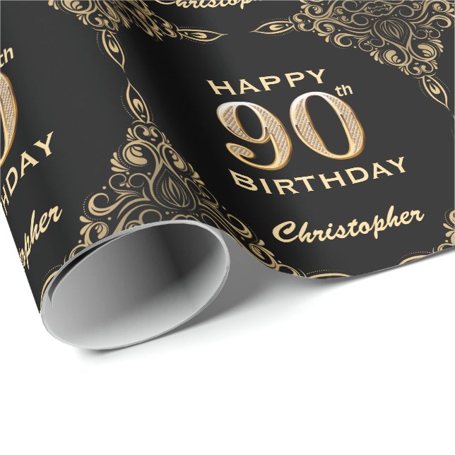 90th Birthday Black and Gold Glitter Frame Wrapping Paper (Roll Corner)