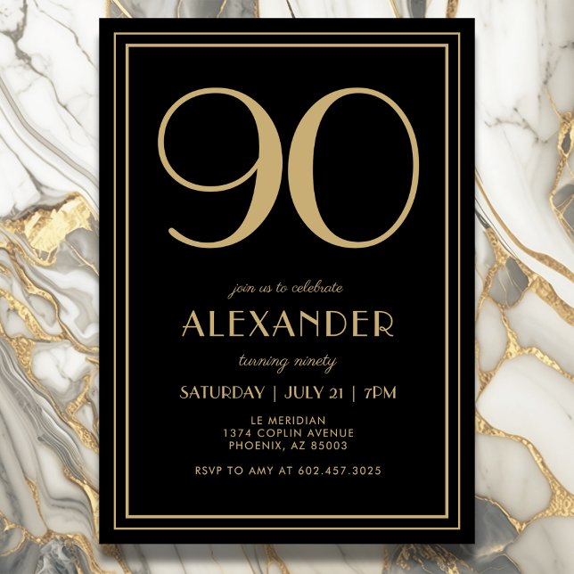 90th Birthday Black and Gold Modern Minimal Adult Invitation (Elegant black and gold 90th birthday invitation design for him or her.)