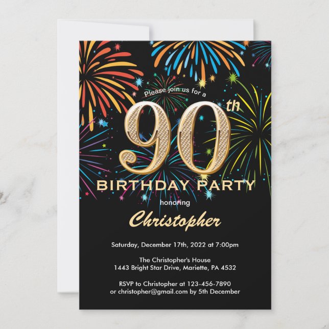 90th Birthday Black and Gold Rainbow Fireworks Invitation (Front)