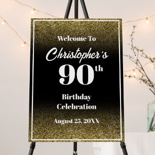 90th Birthday Black and Gold Welcome Sign