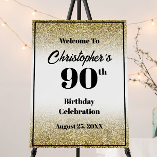 90th Birthday Black and Gold Welcome Sign