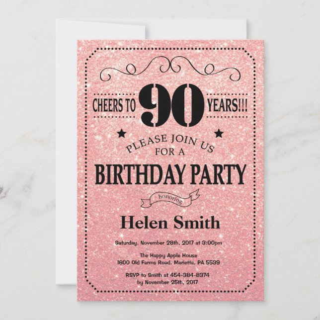 90th Birthday Black and Pink Rose Gold Glitter Invitation (Front)