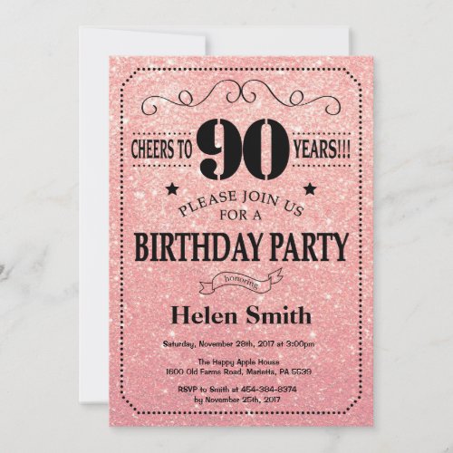 90th Birthday Black and Pink Rose Gold Glitter Invitation