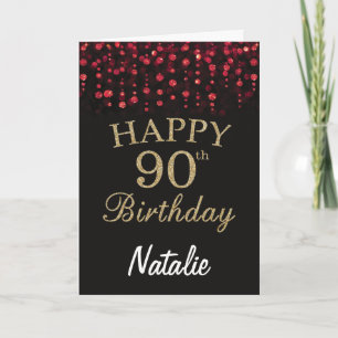 90th Birthday Black and Red Gold Glitter Card