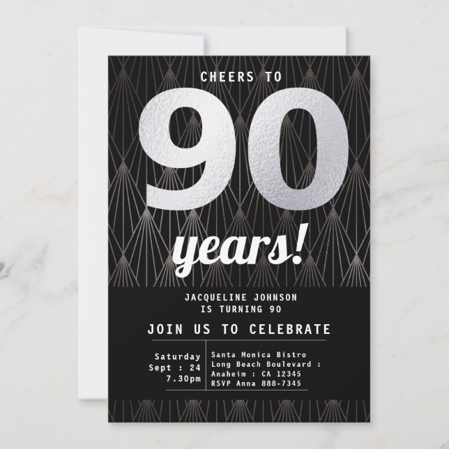 90th Birthday Black And Silver Invitation (Front)