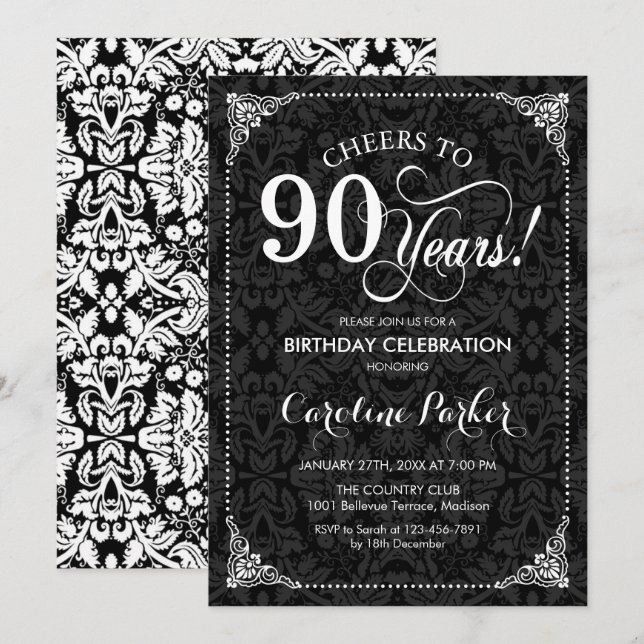 90th Birthday - Black and White Damask Invitation (Front/Back)
