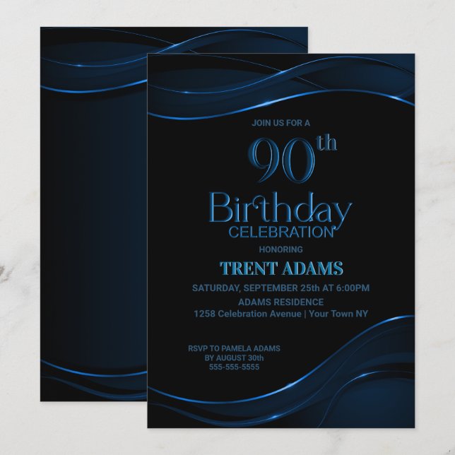 90th Birthday Black Blue Party Invitation (Front/Back)