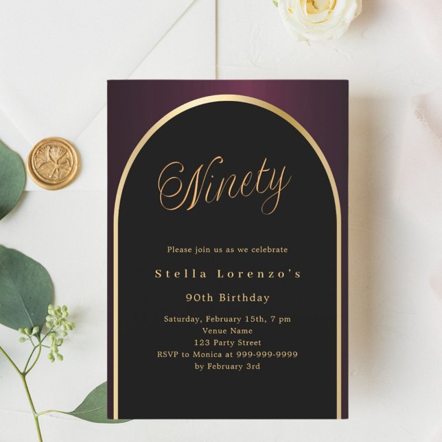 90th birthday black burgundy gold arch luxury invitation (Creator Uploaded)