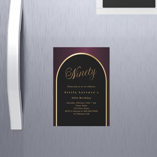 90th birthday black burgundy gold arch luxury magnetic invitation (Creator Uploaded)