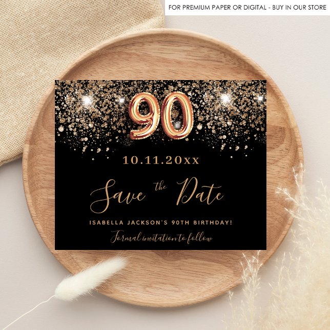 90th birthday black glitter budget save the date flyer (Creator Uploaded)