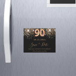 90th birthday black glitter save the date magnet<br><div class="desc">A girly and trendy Save the Date magnet for a 90th birthday party. A black background decorated with faux gold glitter. Templates for a date and name and text.  Golden colored letters.  The text: Save the Date is written with a large trendy hand lettered style script.</div>