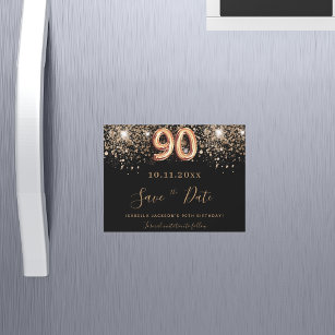 90th birthday black glitter save the date magnet