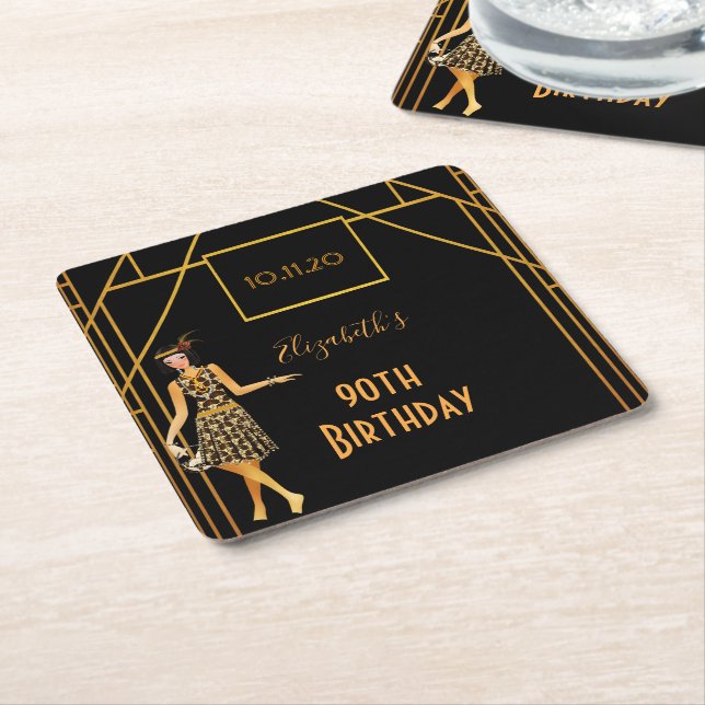90th birthday black gold 1920 art deco square paper coaster (Angled)