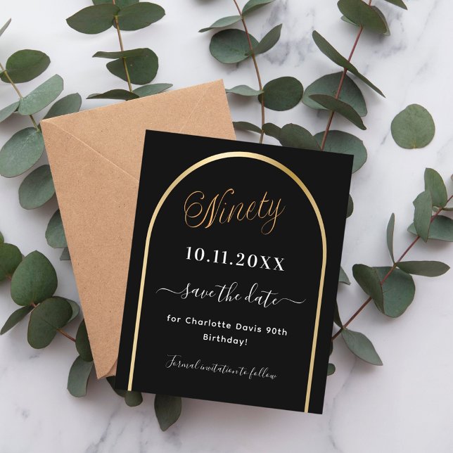 90th birthday black gold arch budget save the date flyer (Creator Uploaded)