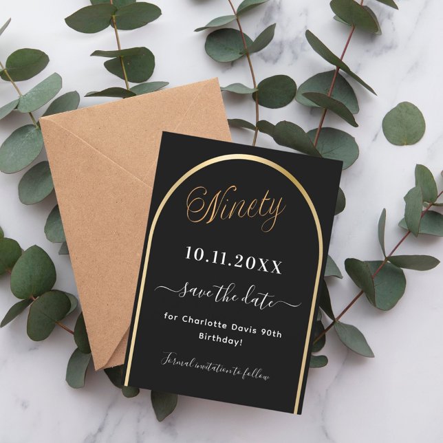 90th birthday black gold arch save the date (Creator Uploaded)