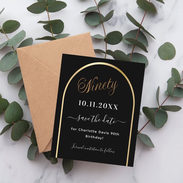 90th birthday black gold arch save the date card (Creator Uploaded)