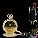 90th birthday black gold bow name elegant pocket watch<br><div class="desc">Elegant, classic, glamorous and feminine. A faux gold colored bow and ribbon with golden glitter and sparkle, a bit of bling and luxury for a birthday gift or keepsake. Black background. Templates for her name, and the age 90. The name is written with a modern hand lettered style script. Golden...</div>