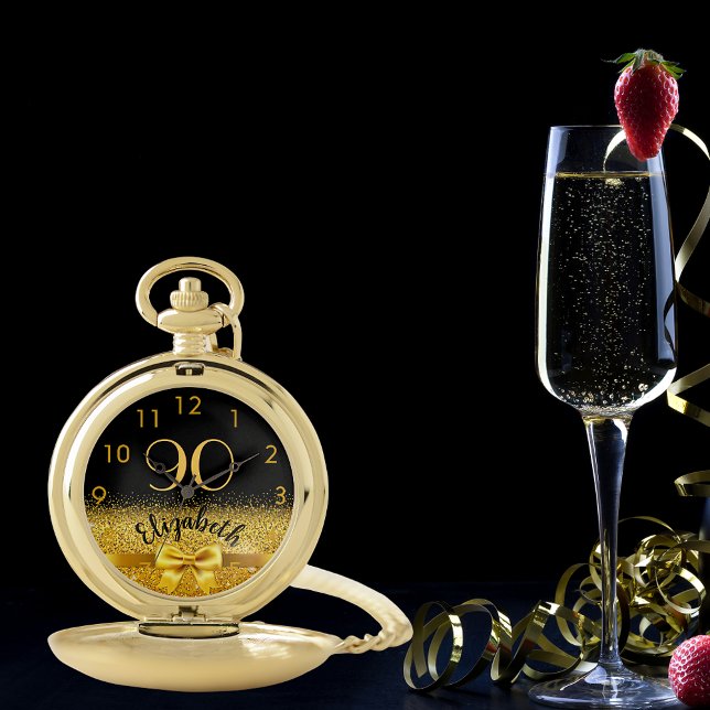 90th birthday black gold bow name elegant pocket watch (Creator Uploaded)