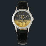 90th birthday black gold bow watch<br><div class="desc">Elegant,  classic,  glamorous and feminine.  A faux gold colored bow and ribbon.  Black background. Templates for her name,  and the age 90. The name is written with a modern hand lettered style script.  Golden colored numbers from 9 to 3</div>