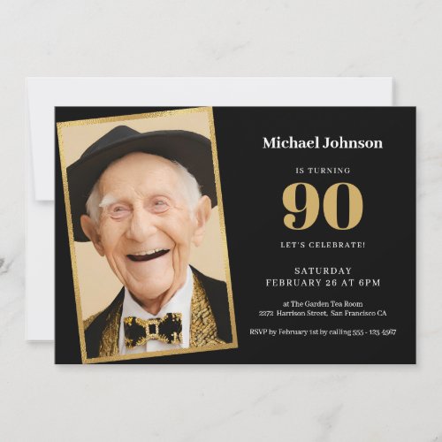 90th Birthday Black Gold Custom Photo Simple Party Invitation