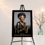 90th Birthday Black Gold Custom Photo Welcome Foam Board<br><div class="desc">90th Birthday Black Gold Custom Photo Welcome Foam Board. Introducing our Modern Minimal milestone birthday invitation, where class meets simplicity in a timeless celebration. The black and gold palette exudes sophistication, creating an elegant backdrop for your special day. This design embraces simplicity in a modern context, offering a refined aesthetic...</div>