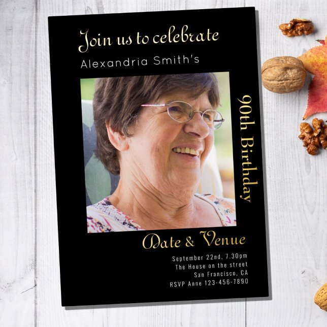 90th Birthday Black Gold Foil Invitation (Creator Uploaded)