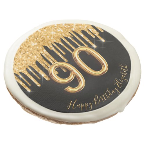 90th birthday black gold glitter balloon style sugar cookie