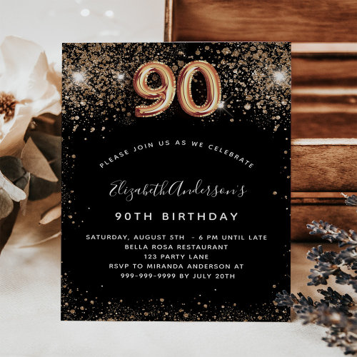 90th birthday black gold glitter budget invitation