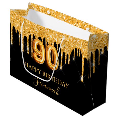 90th birthday black gold glitter drips name large gift bag