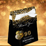 90th birthday black gold glitter leopard thank you favor boxes<br><div class="desc">A black background,  decorated with balloons and faux gold glitter dust. Number 90 is written with a trendy balloon style font,  leopard pattern.  Personalize and add a name and a date. 90th birthday and Thank You written with a modern hand lettered style script.</div>